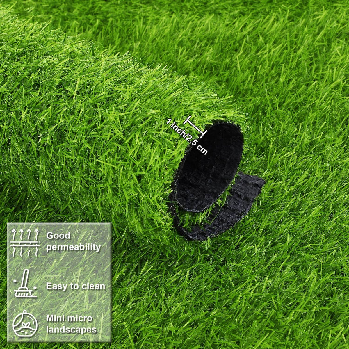 Green artificial grass mat corner showing black backing and looped grass fibers