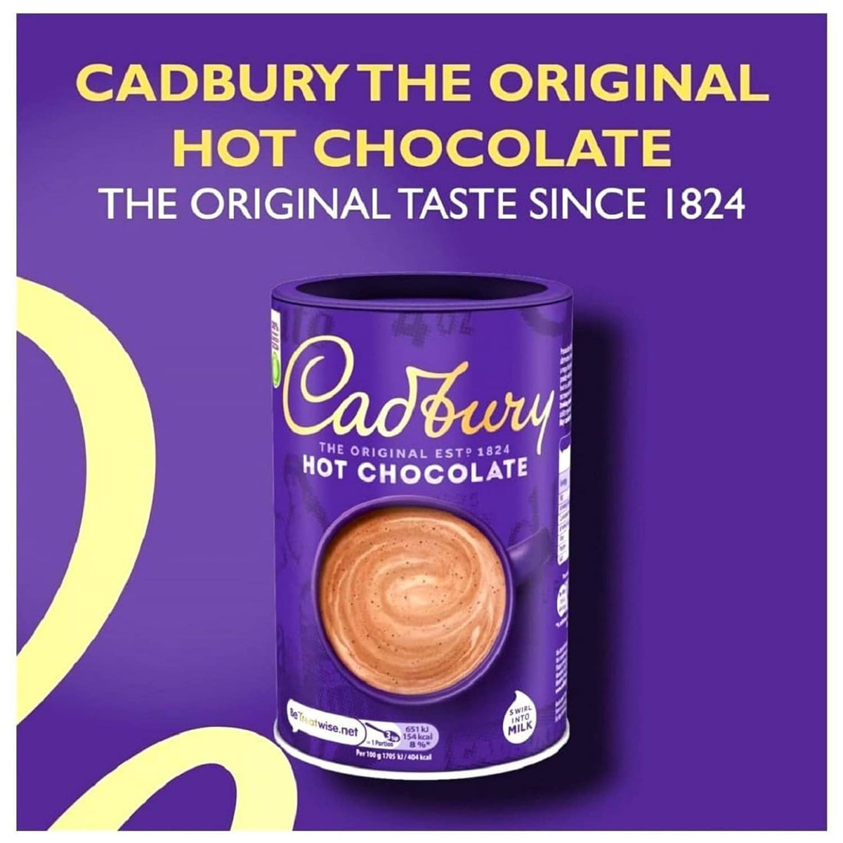 Cadbury hot chocolate tin with “The original taste since 1824” and drink artwork