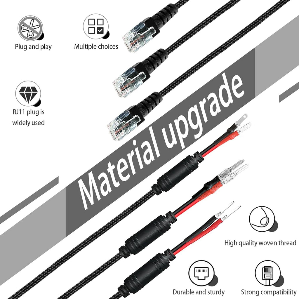 RJ11 hardwire cable set with plug-and-play connectors and woven braiding, black/red