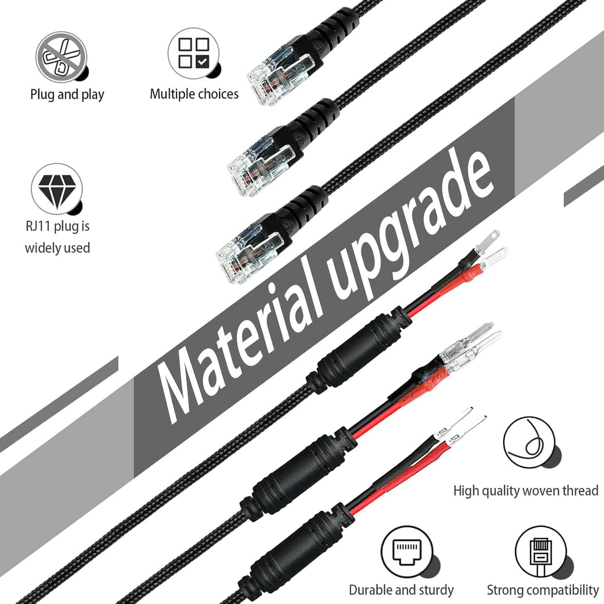 RJ11 hardwire cable set with plug-and-play connectors and woven braiding, black/red