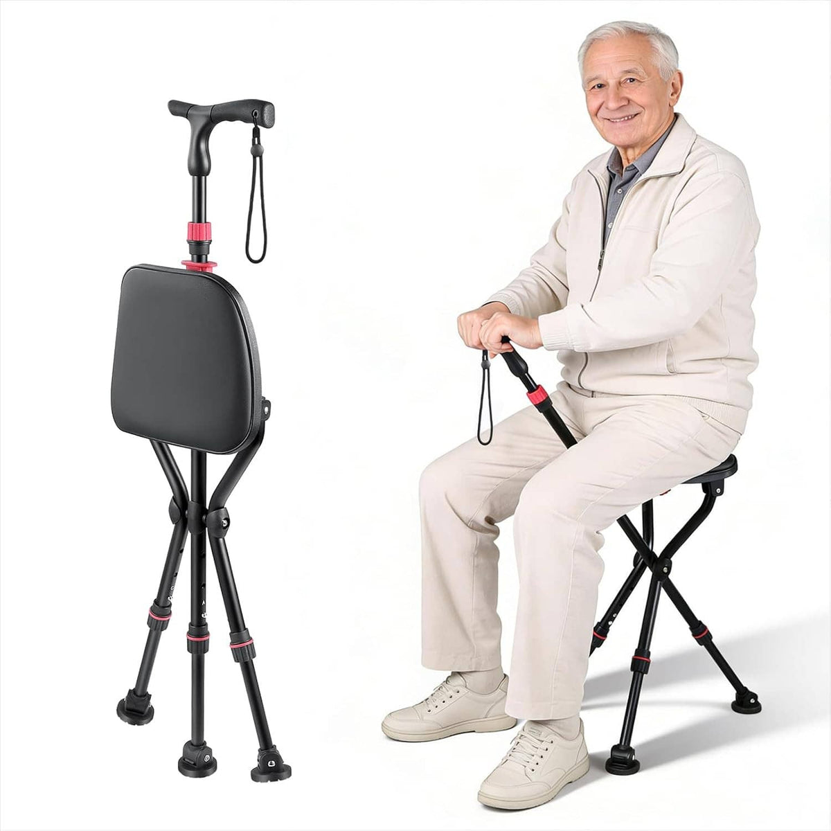 Folding walking cane chair with black seat and red grip rings, person seated