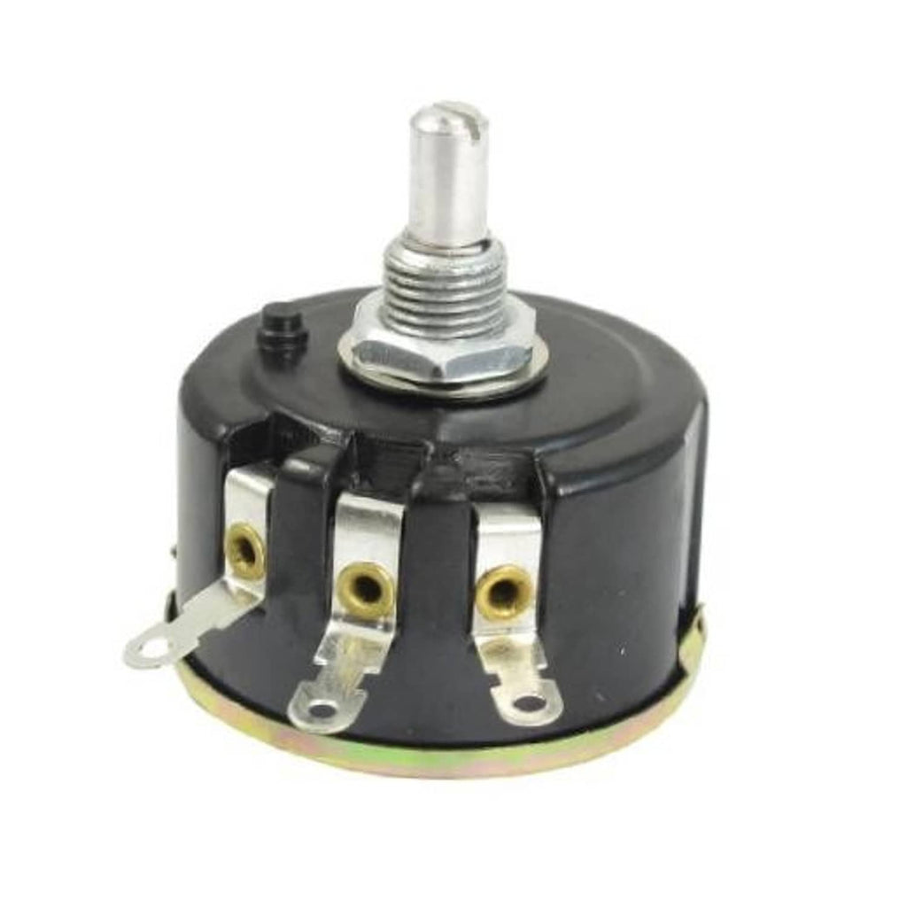 Wire-wound rotary potentiometer with metal shaft, black body, three solder terminals