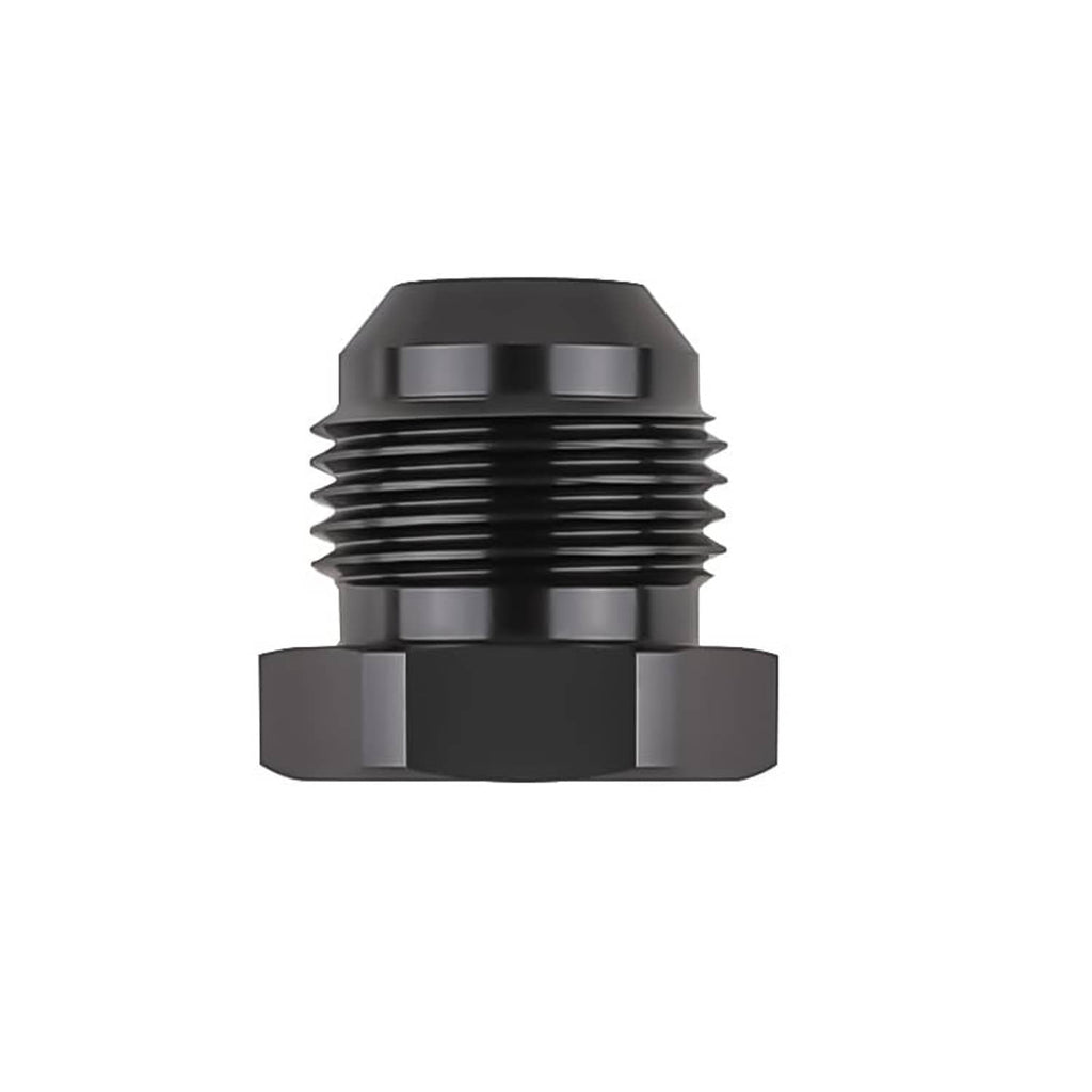 Black aluminum flare hex-head plug fitting adapter, grooved male threads, end view