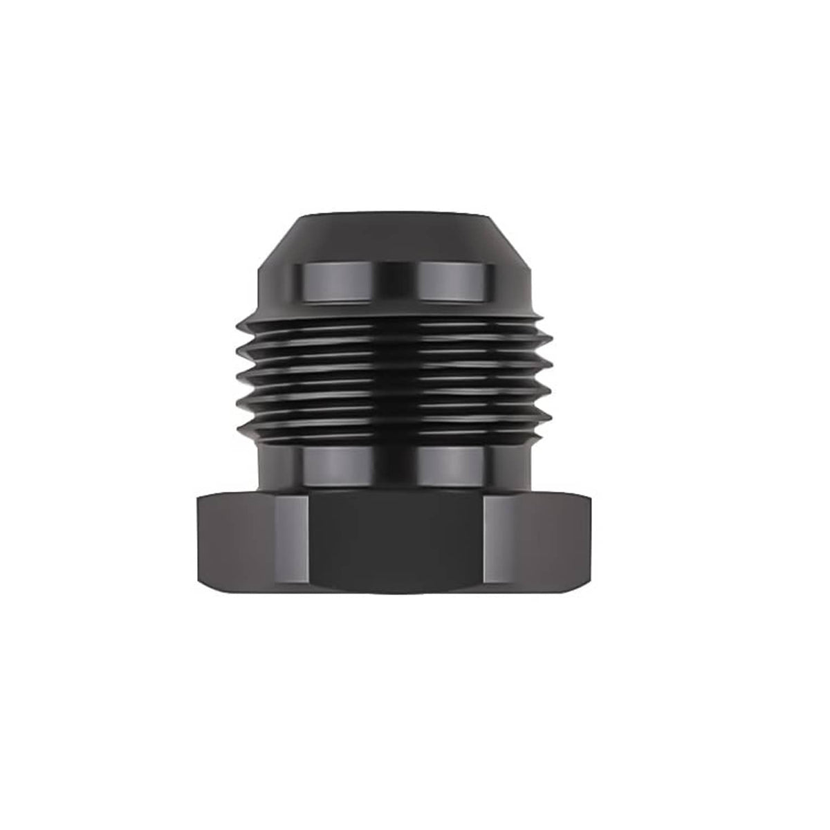 Black aluminum flare hex-head plug fitting adapter, grooved male threads, end view
