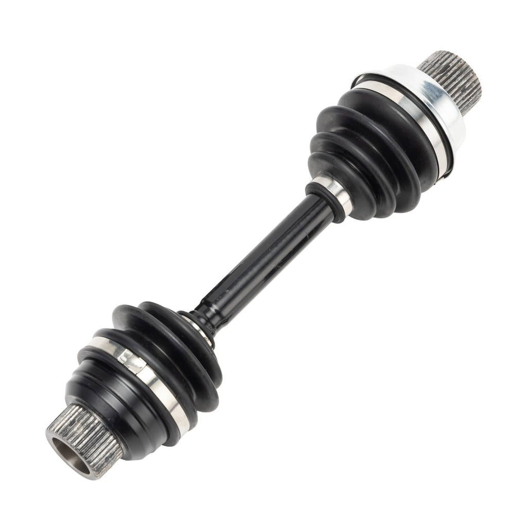 Front differential drive shaft angled view with other metal splined end and black boot