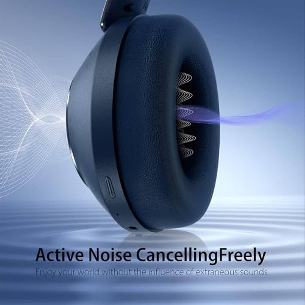 Blue over-ear headphones viewed from the side, padded ear cup detail