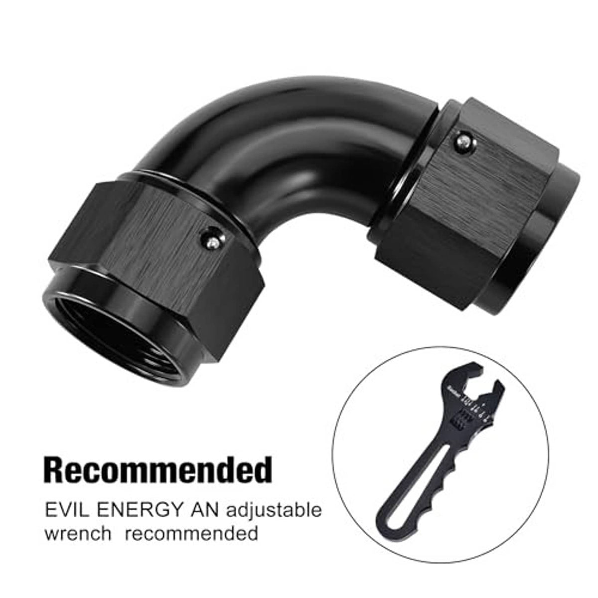 Black 90-degree AN swivel coupler fitting with two threaded female ends, angled view