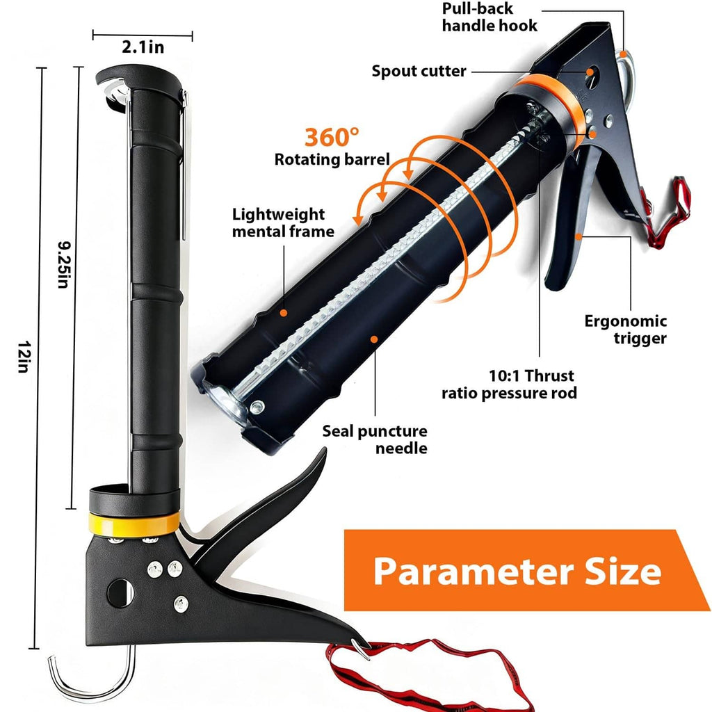 Caulk gun with trigger, 360° rotating barrel, and spout cutter for sealant application