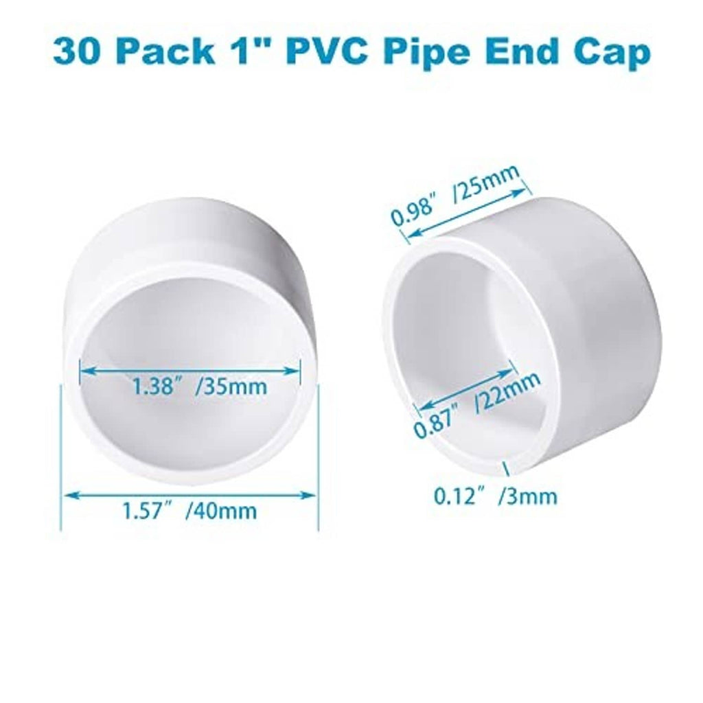 White 1 in PVC pipe end cap plug showing inner opening and outer diameter