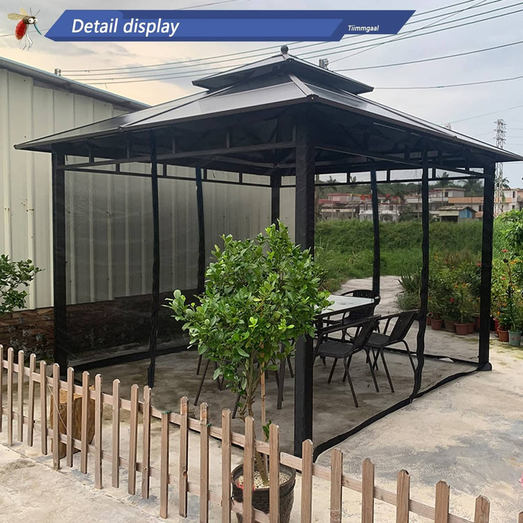 Black gazebo mosquito netting walls with zippered door opening and corner posts