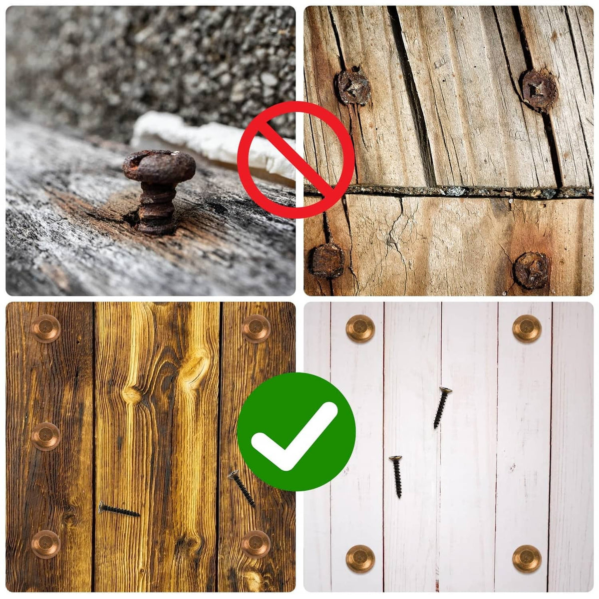 Decorative screw caps on wood with installation check and no-install icons