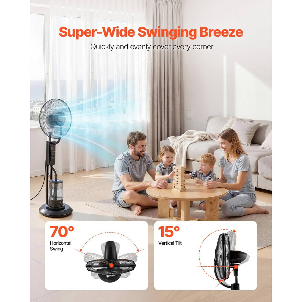 Standing misting floor fan with oscillation, front mist stream, and base