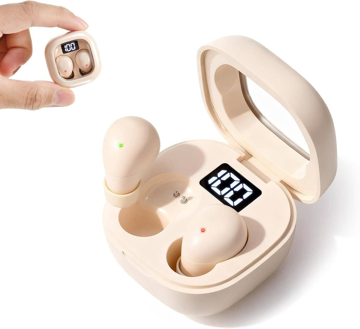 Wireless mini sleep earbuds in charging case, beige; hand holds case with time display