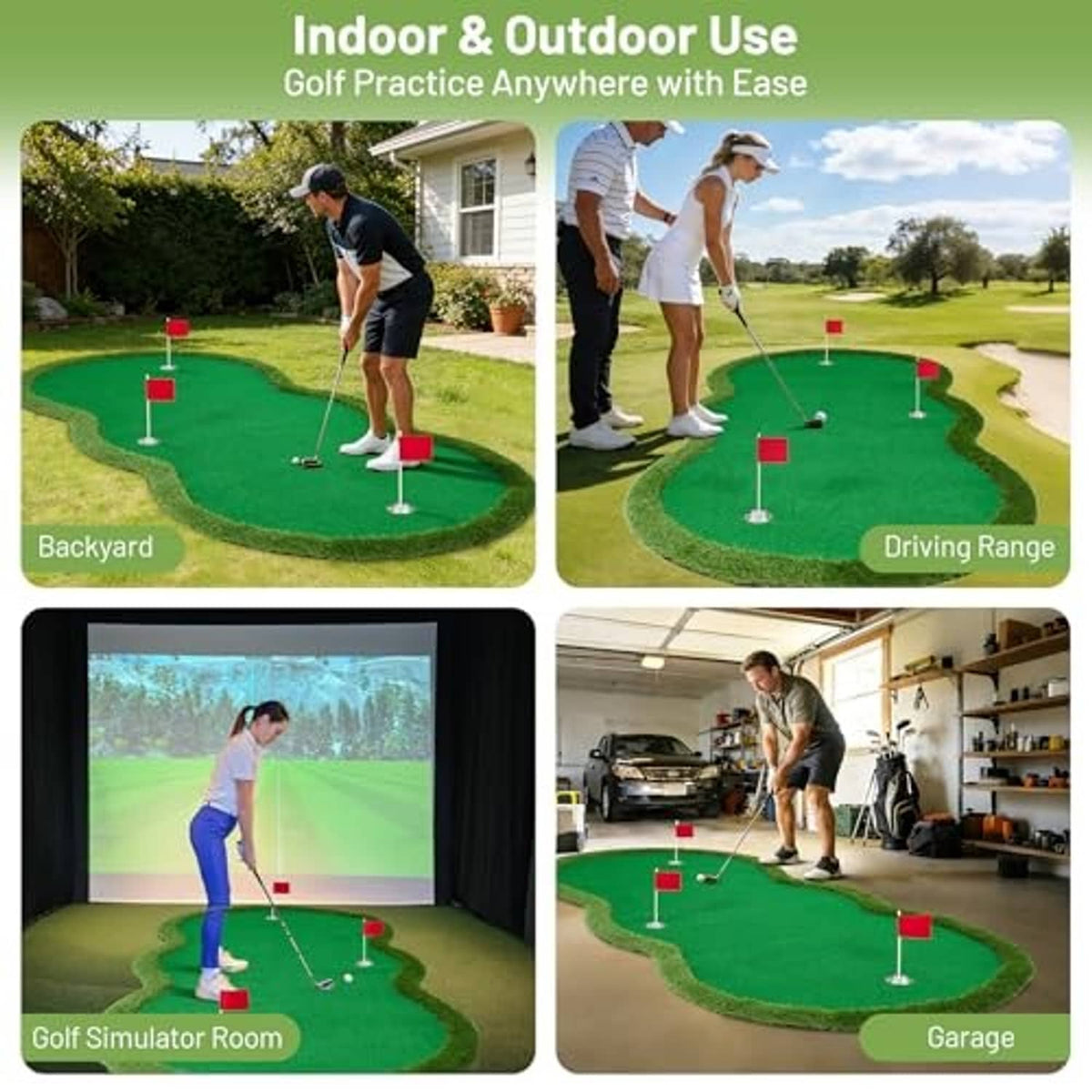 Green golf putting mat with red flag holes for indoor and outdoor practice