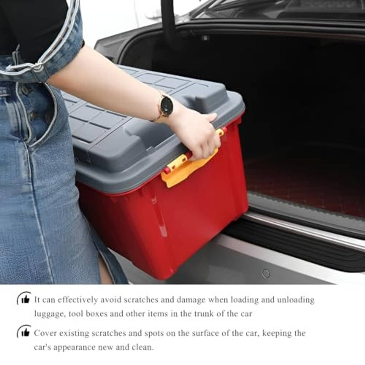 Hand placing a black rear bumper protector guard along the trunk door sill edge.