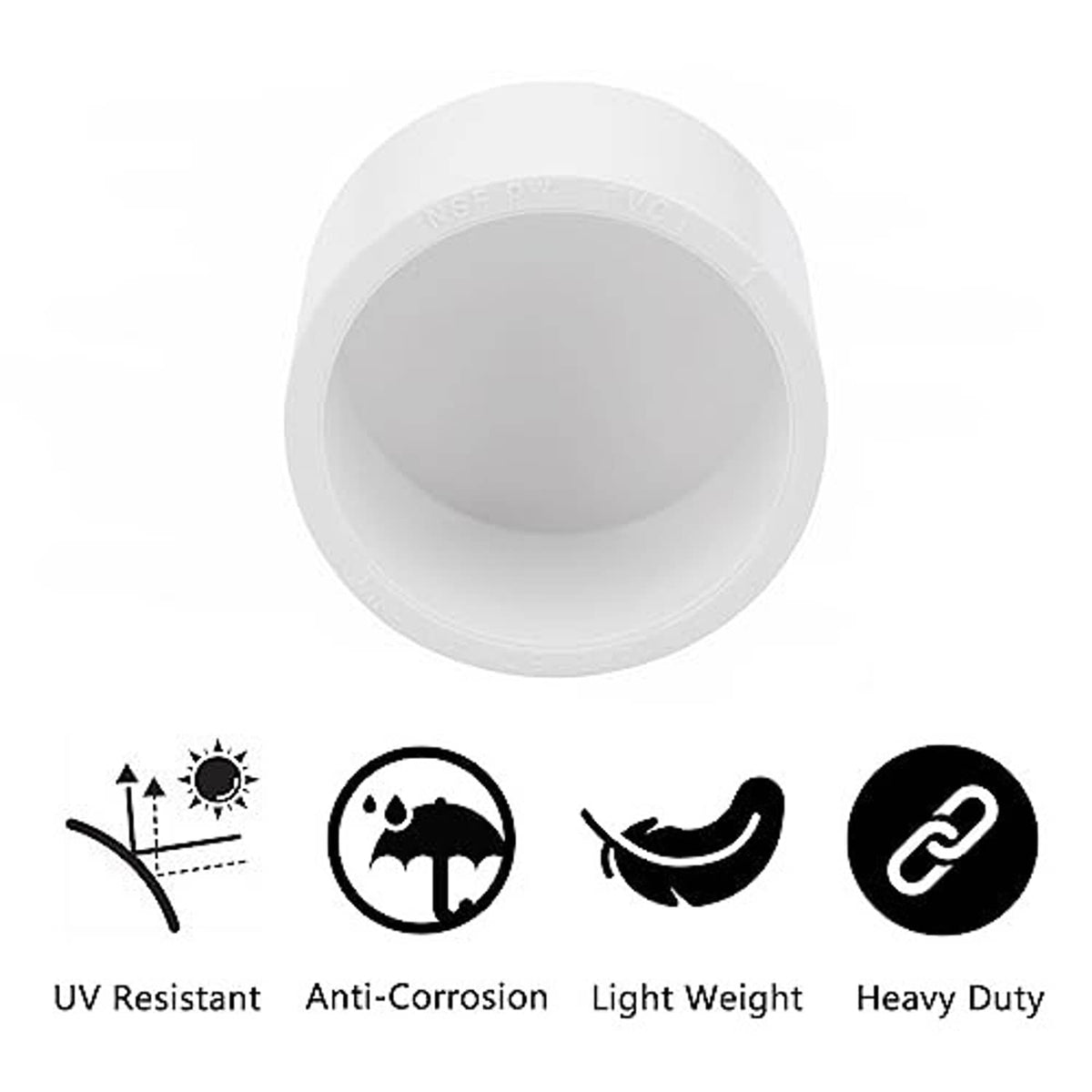 Single white PVC pipe end cap with smooth round interior