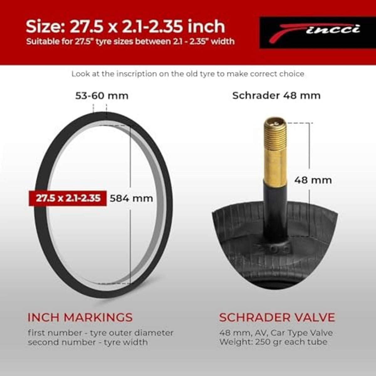 Black inner tube diagram with gold Schrader 48mm valve