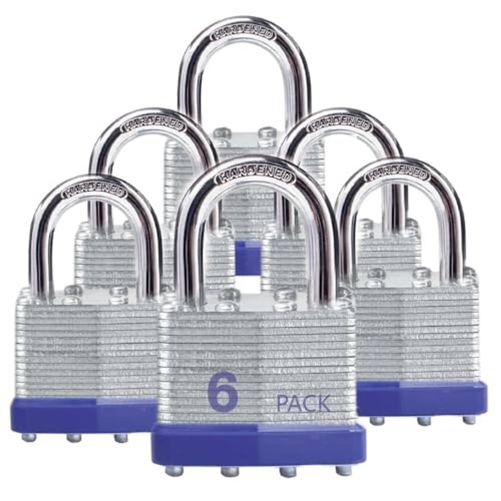 Steel padlocks with arched shackle and blue base, shown as 6-pack