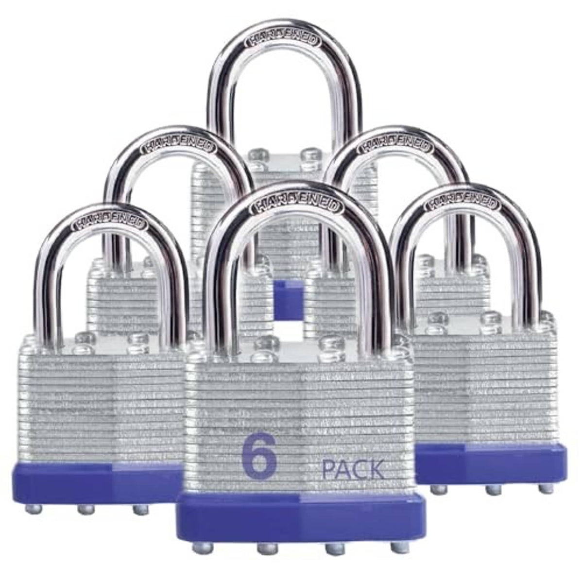 Steel padlocks with arched shackle and blue base, shown as 6-pack