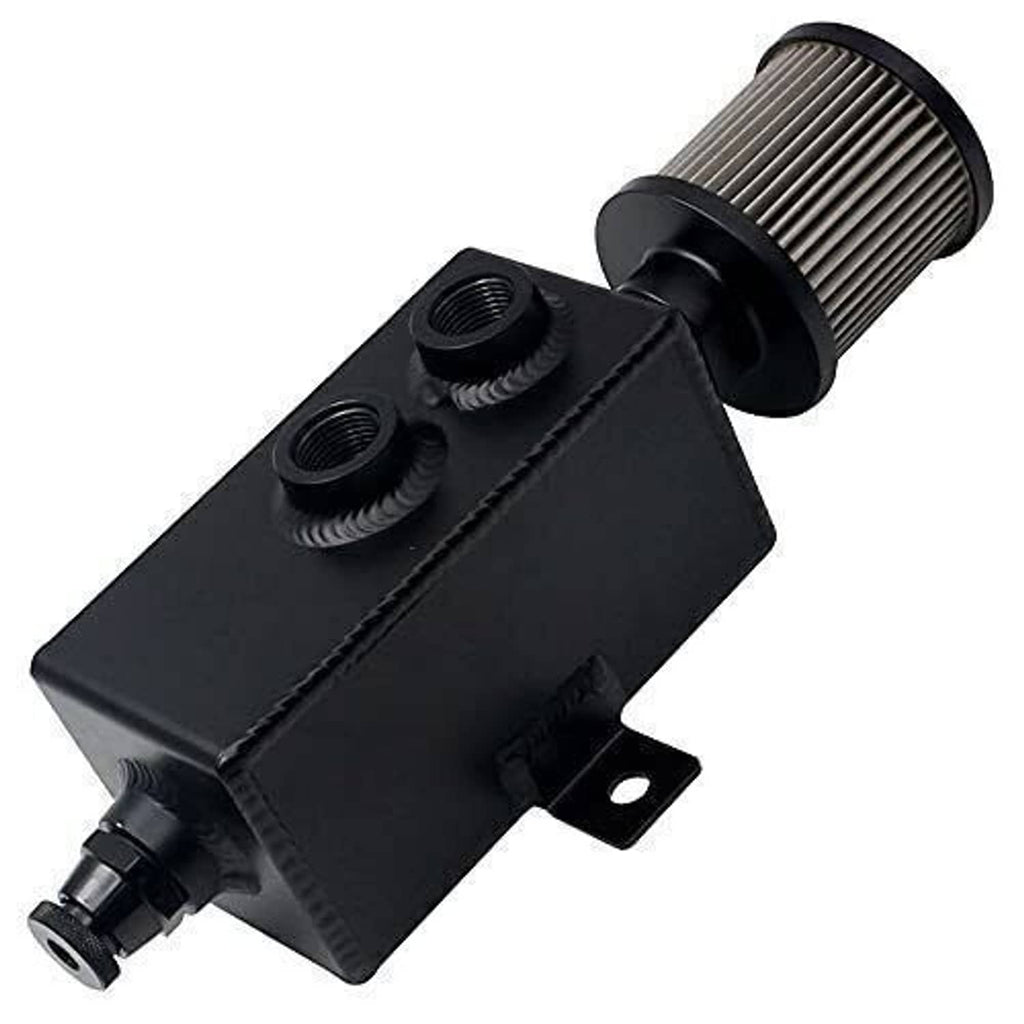 Baffled oil catch can reservoir tank with metal filter, black housing and mounting bracket