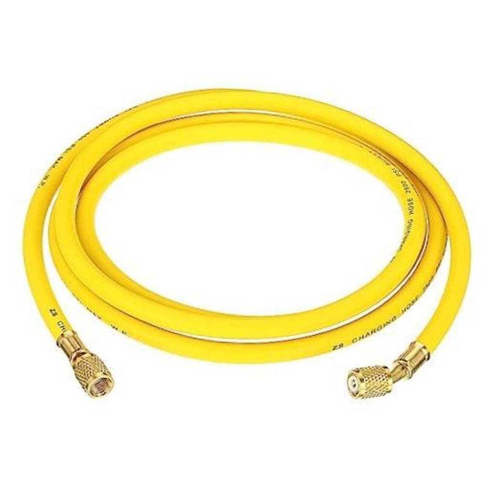 Yellow refrigerant charging hose with brass 1/4 SAE connectors, coiled loop