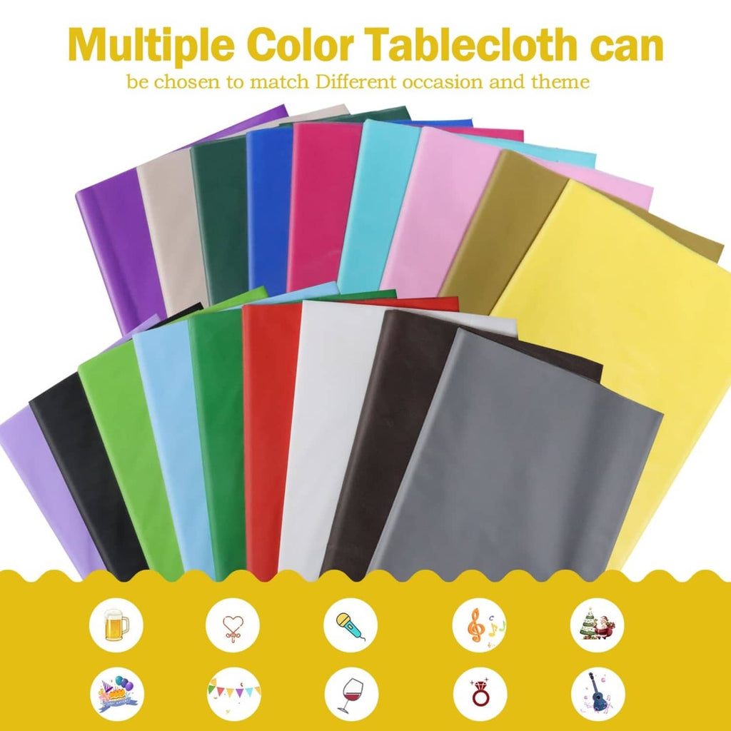 Assorted-color disposable plastic tablecloth sheets stacked for theme use
