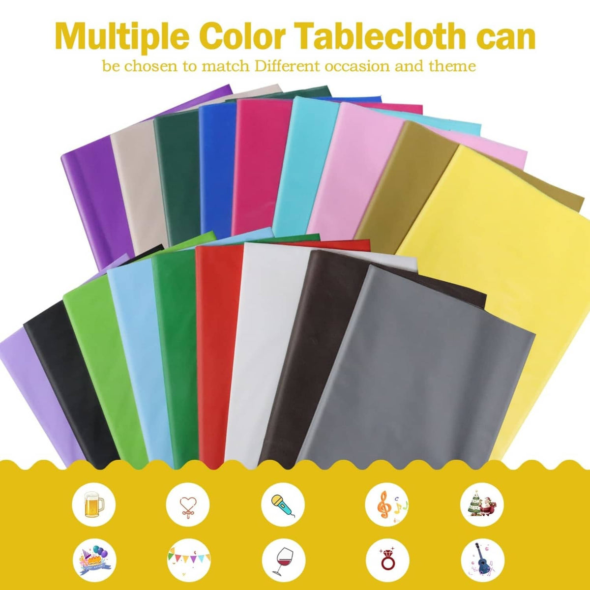 Assorted-color disposable plastic tablecloth sheets stacked for theme use