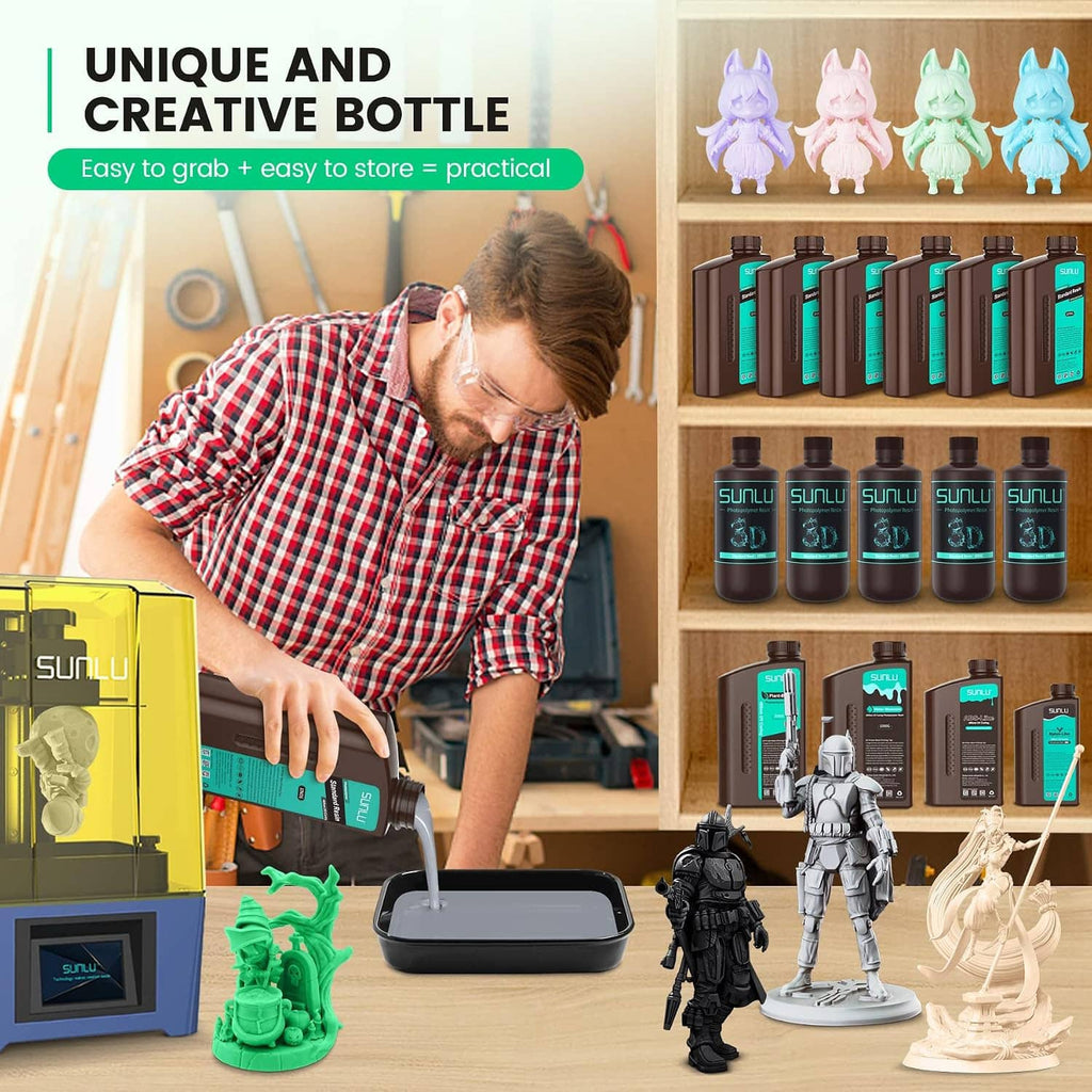 3D printer resin bottles on shelves with small resin figurines and printer device