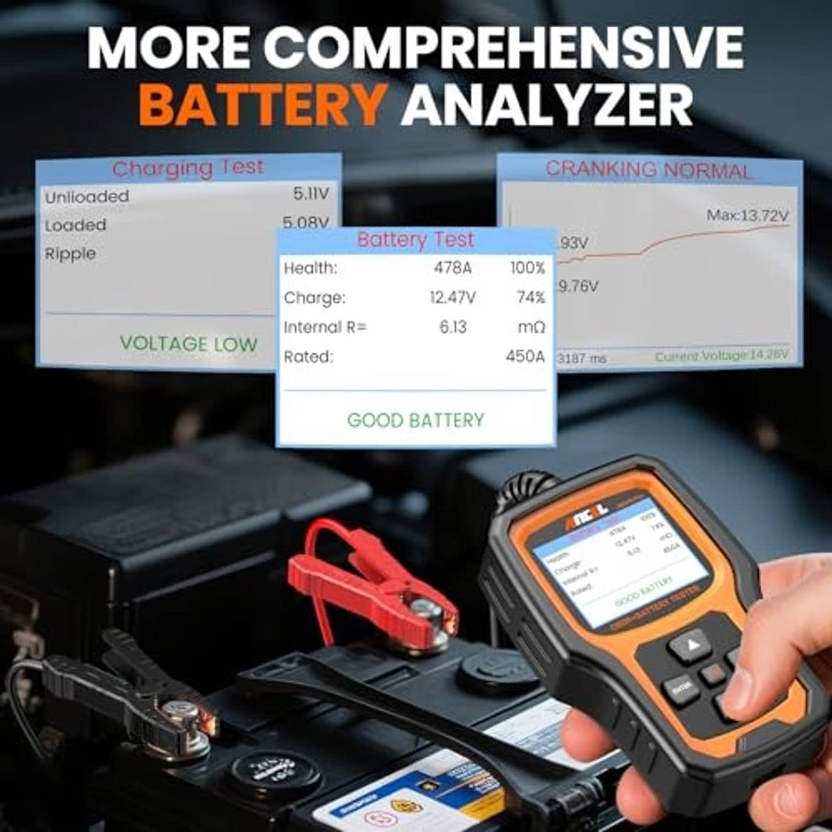 Handheld orange OBD2 scanner and battery tester with screen and red charging test clamps