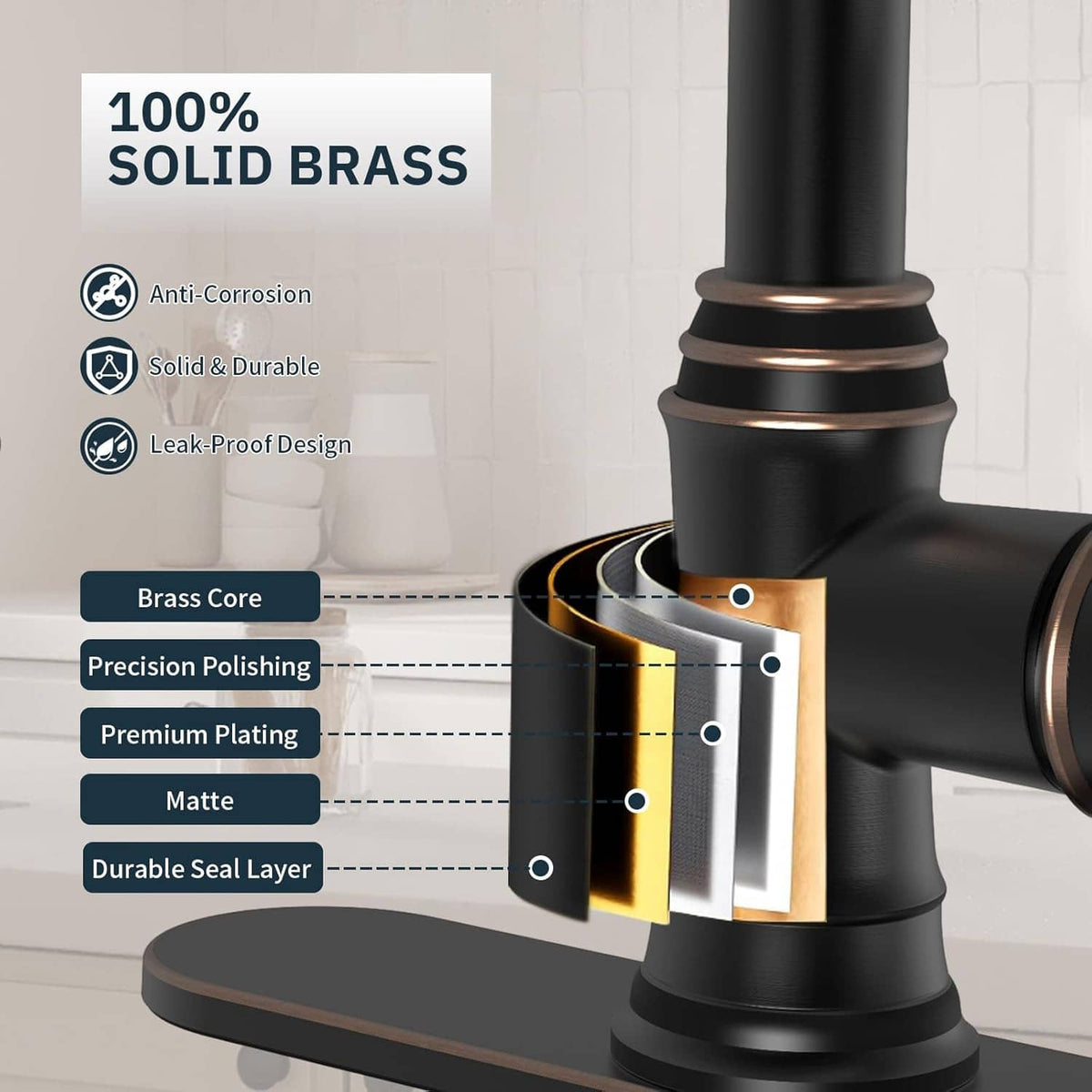 Oil-rubbed bronze kitchen faucet body with cutaway showing brass core layers