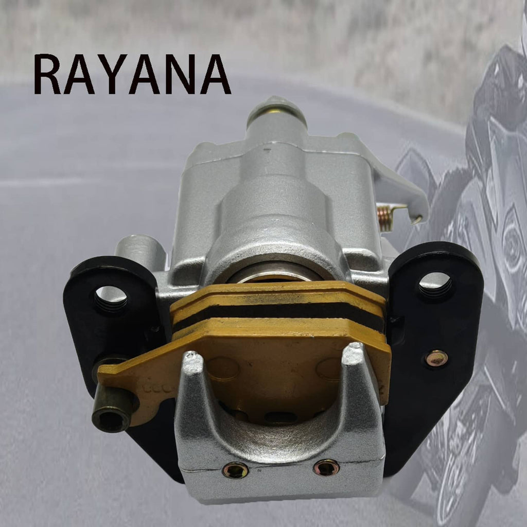 Rear brake caliper with visible pad area and black rubber mounts, close-up front