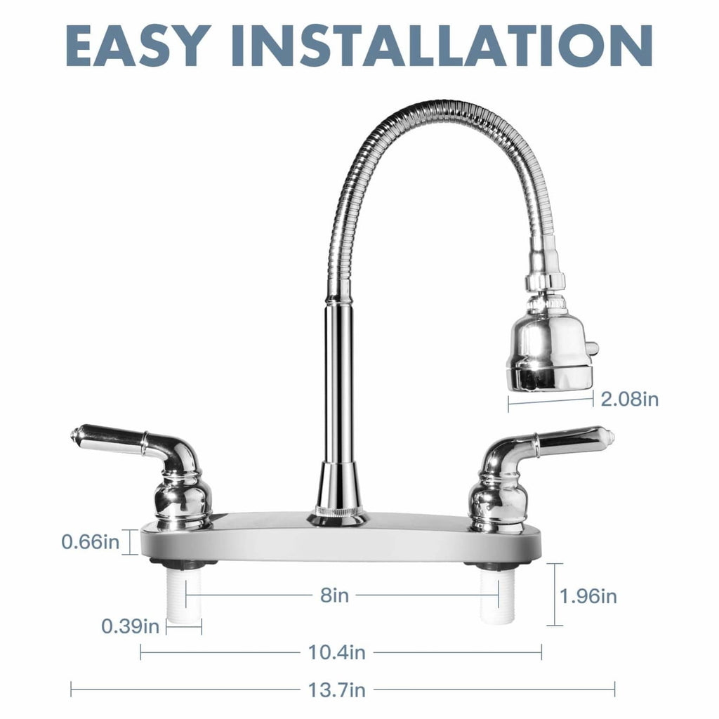 Chrome RV kitchen sink faucet deck mount with arched spout and flexible sprayer hose
