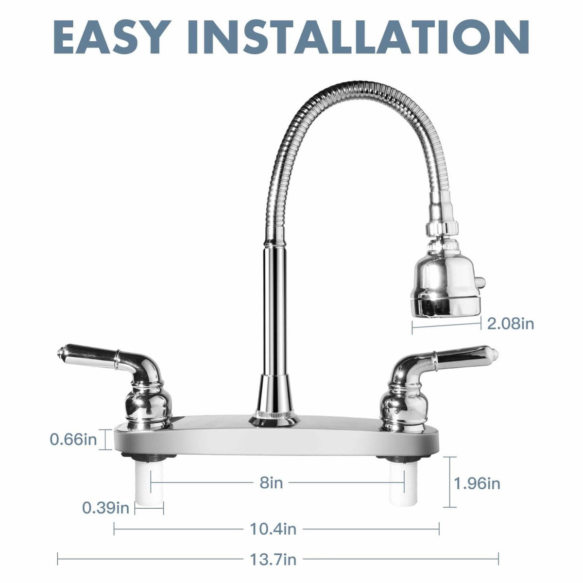 Chrome RV kitchen sink faucet deck mount with arched spout and flexible sprayer hose