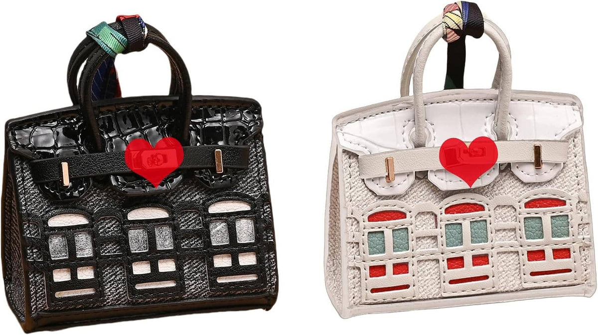 Mini keychain coin purses set: black and white mini bags with handle straps and red heart charm
