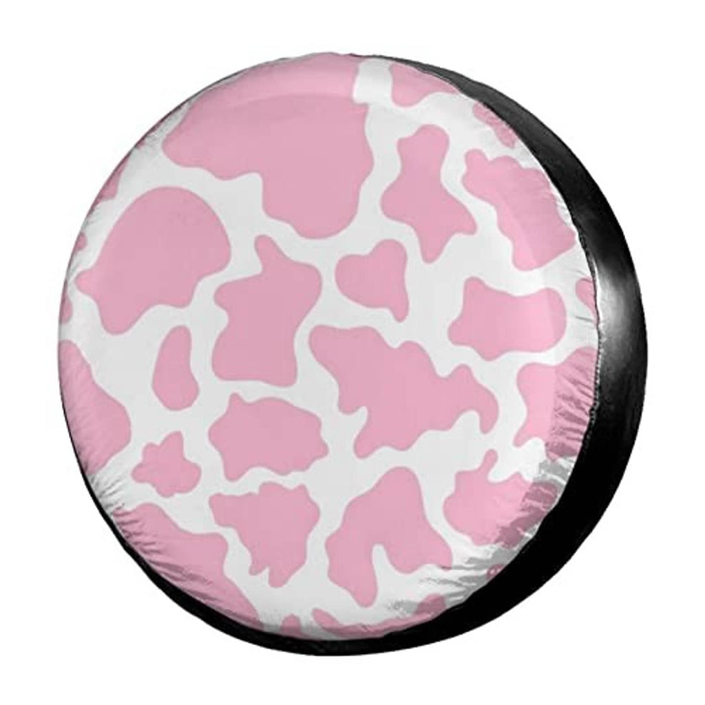 Pink cow-print spare tire cover, round design with black trim around the edge