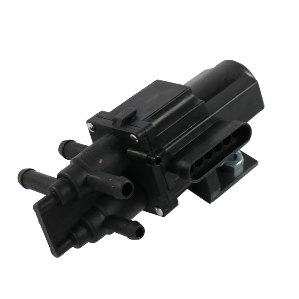 Fuel tank selector valve showing side ports and connector housing in black plastic