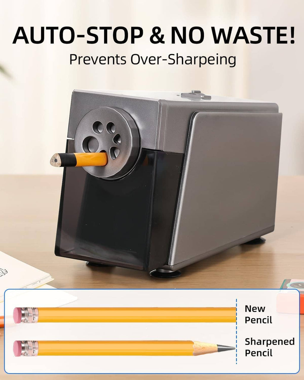 Electric pencil sharpener with automatic stop feature and 6-hole sharpening drum
