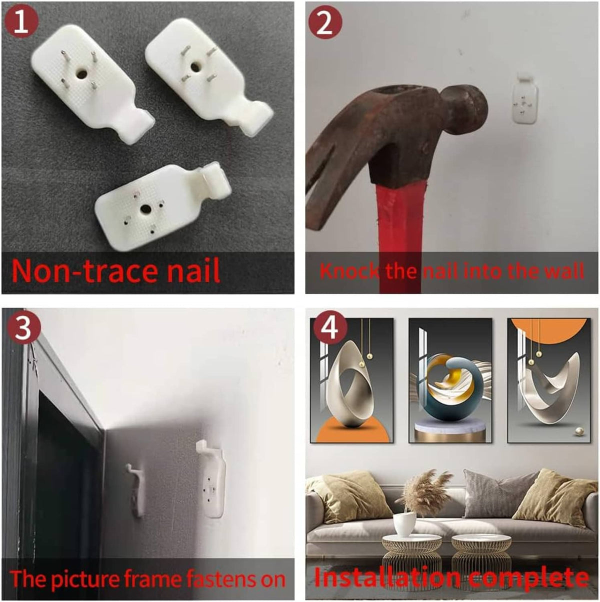 White wall-mounting nails for picture frames shown during hammer installation