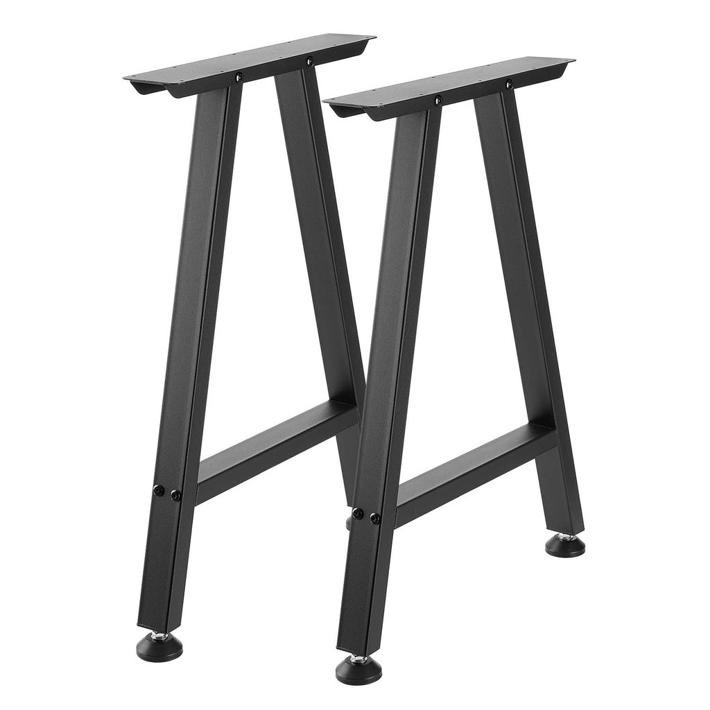 Two black steel table legs with trapezoid frame, support bar, and leveling feet