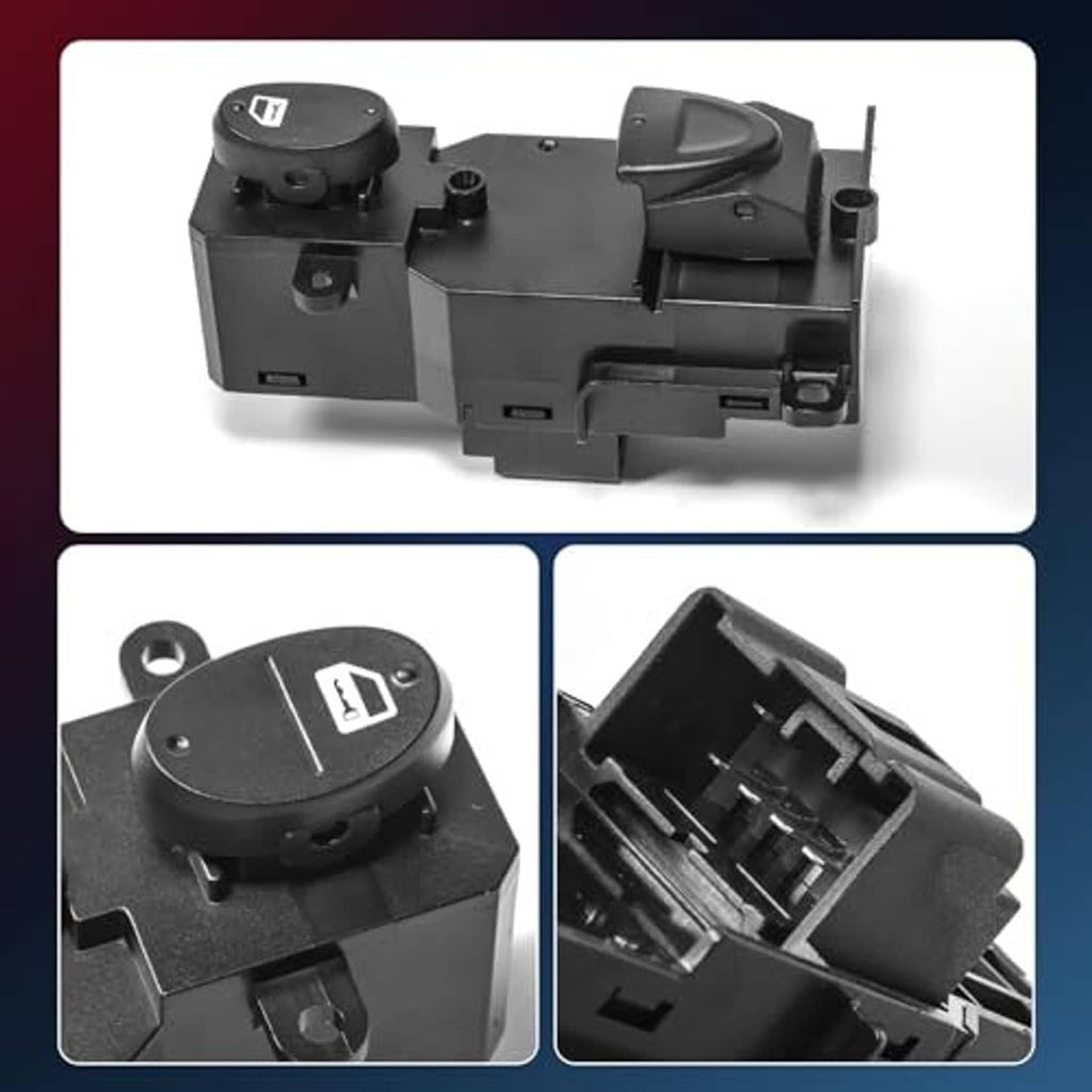 Black power window switch shown from multiple angles with mounting tabs