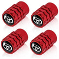 Four red tire valve stem caps with Toyota logo emblem, cylindrical design