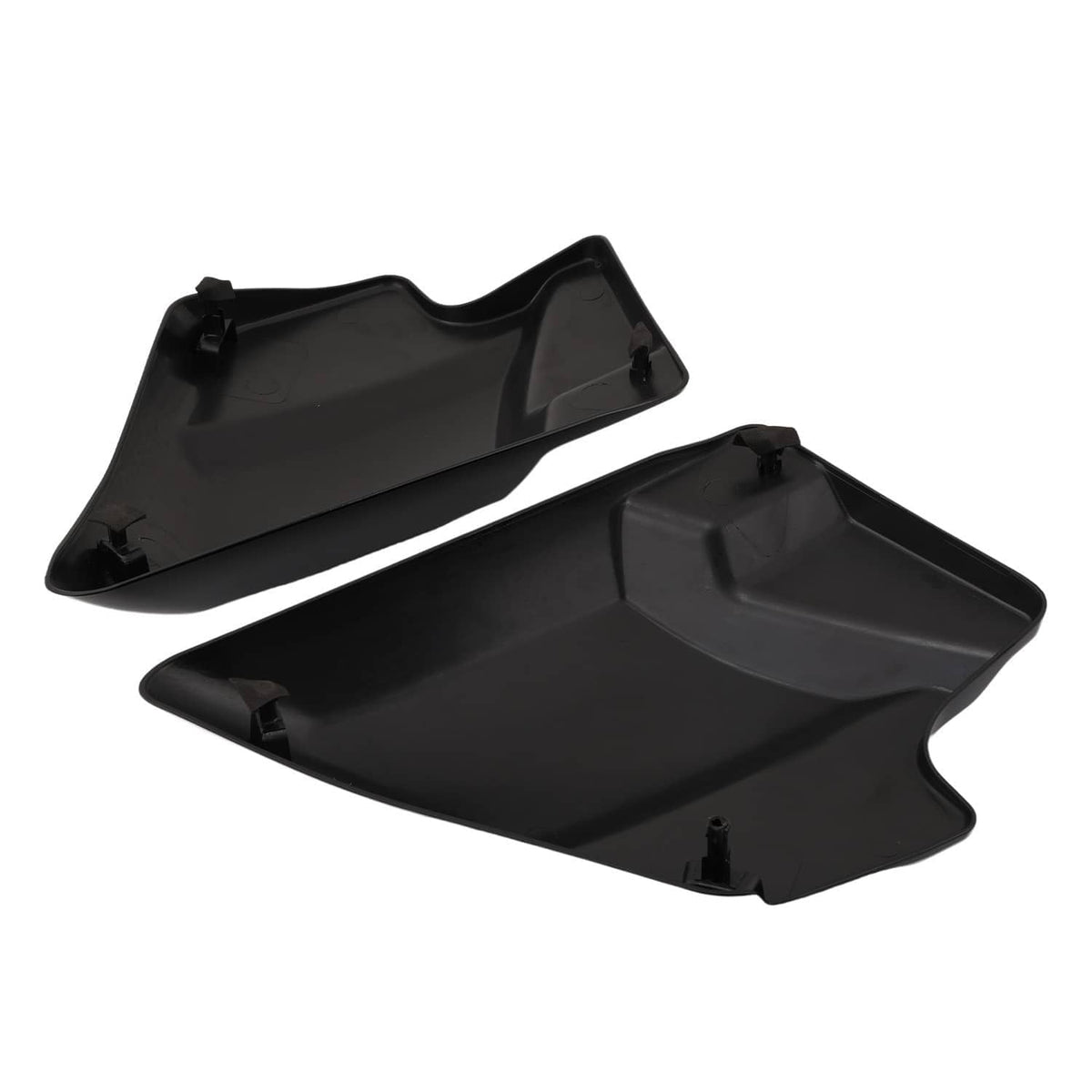 Motorcycle side cover panels, black underside view showing mounting tabs and molded ribs