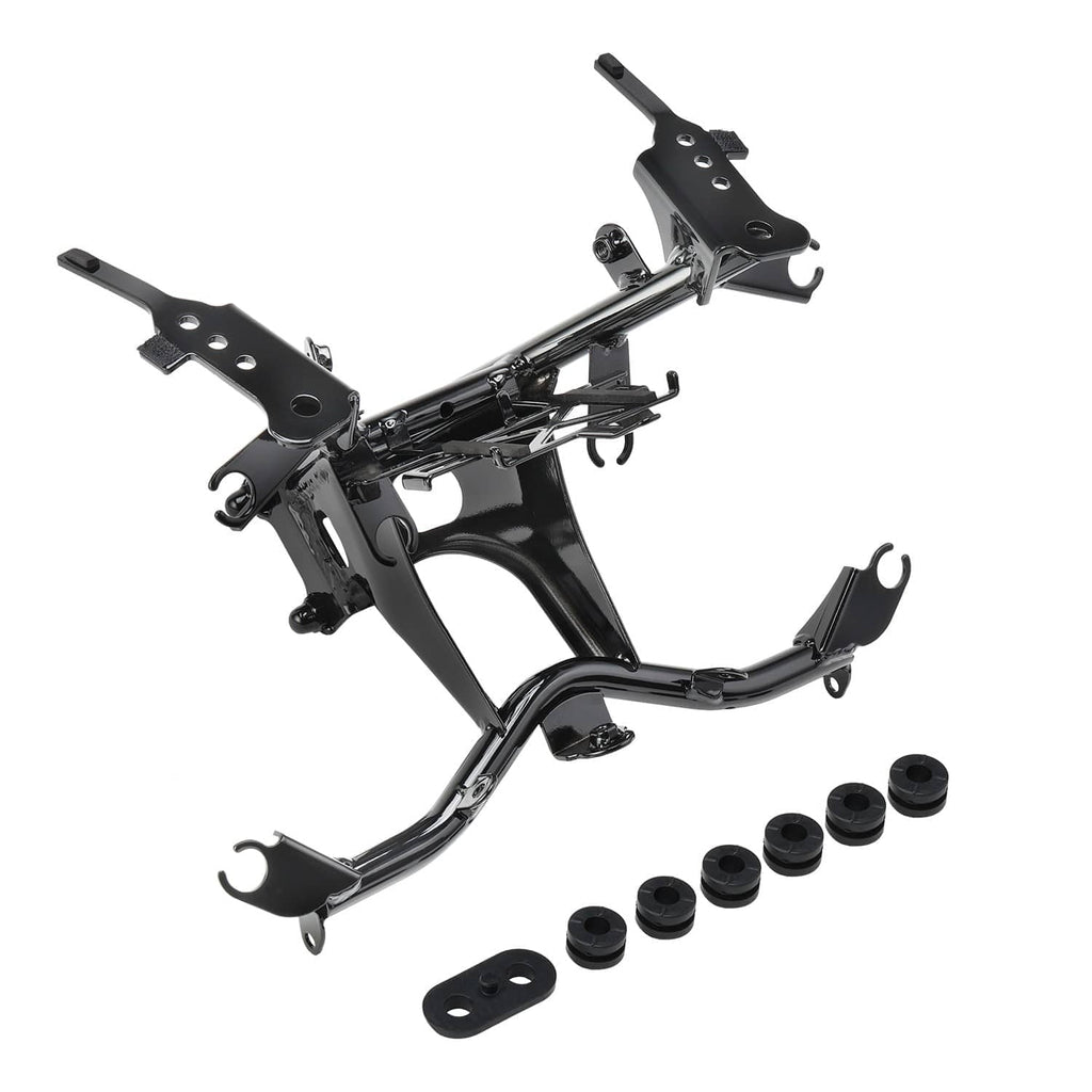 Black front fairing stay bracket with side plates, hooks, and rubber bushings