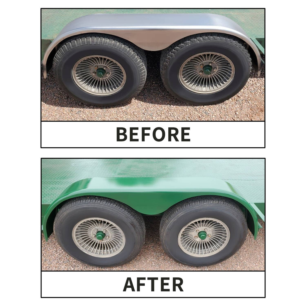 Two silver steel fenders covering dual trailer wheels, teardrop curved arches