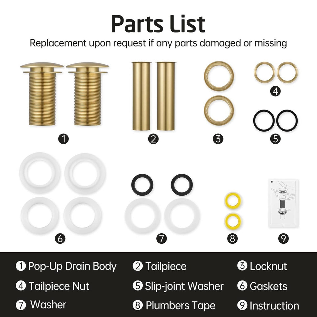 Brushed gold pop-up sink drain stopper parts layout with seals and gaskets