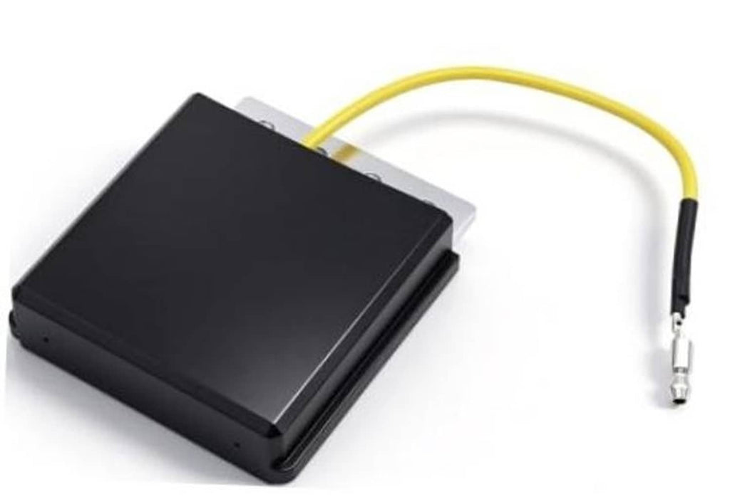 Black voltage regulator rectifier box with yellow wire and metal mounting tab