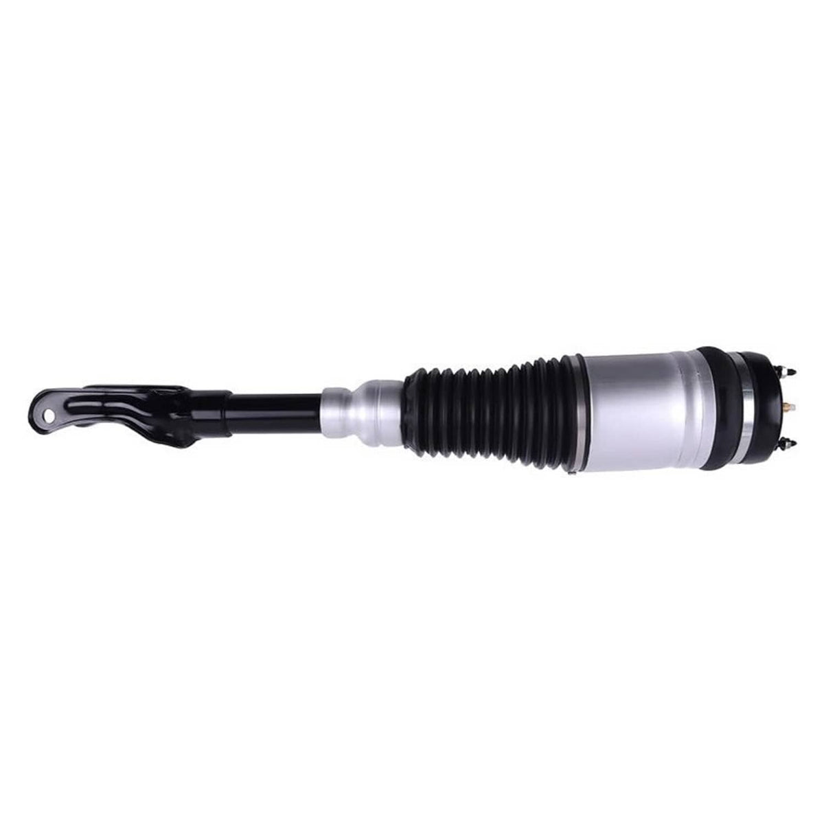 Single air suspension strut with silver cylinder and black accordion spring