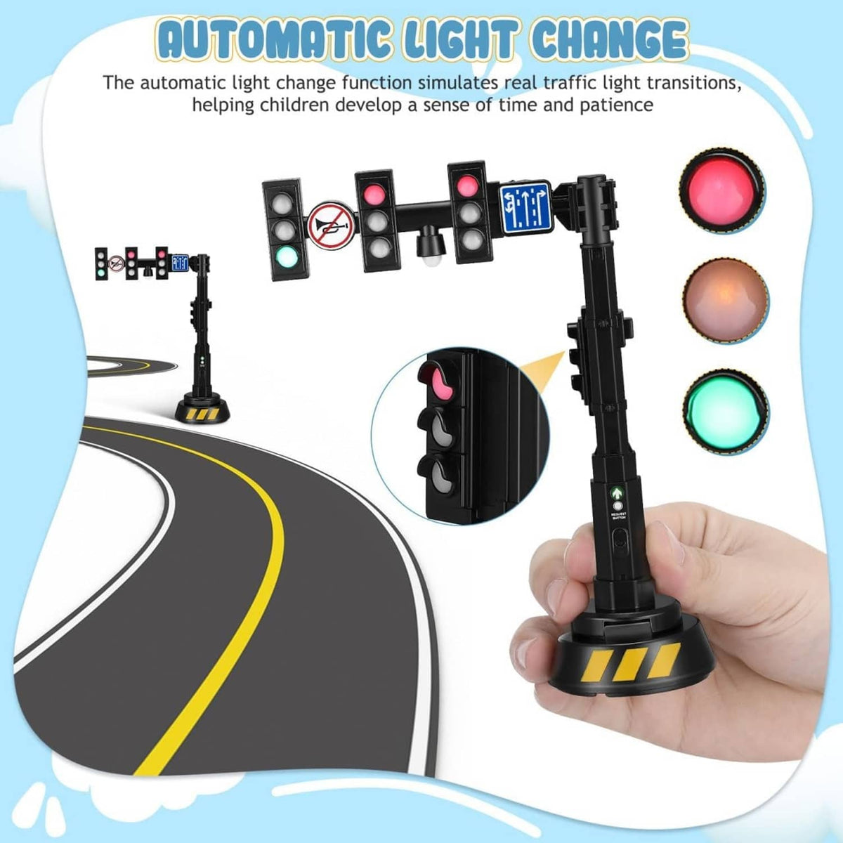 Black traffic light toy with multi-color LED lights and hand-held operation view