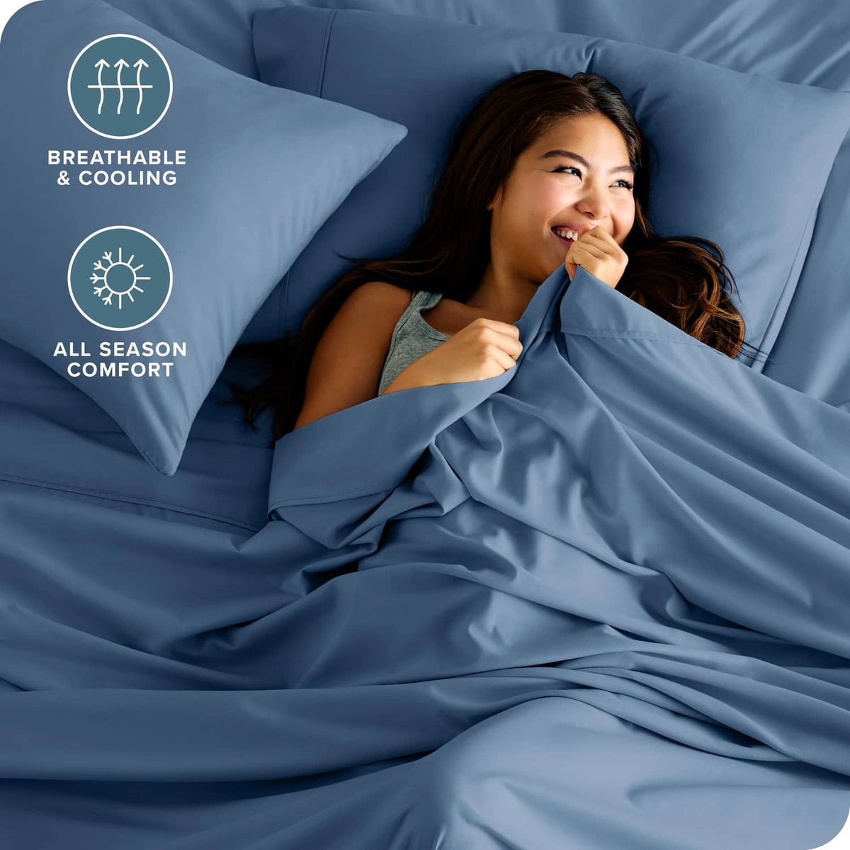 Blue microfiber bed sheet set with breathable, all-season comfort look