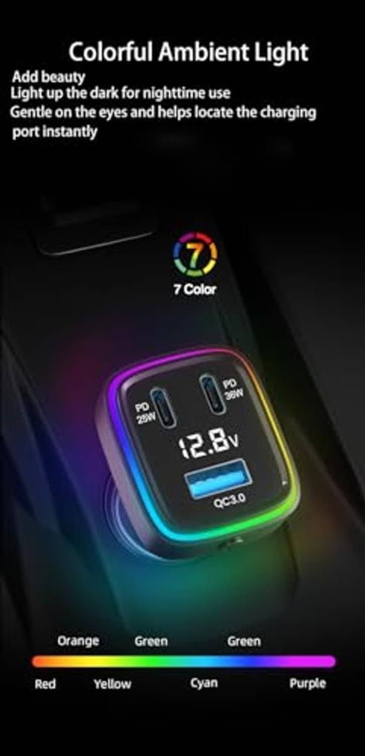 Car charger adapter with LED ambient light ring and digital voltage display